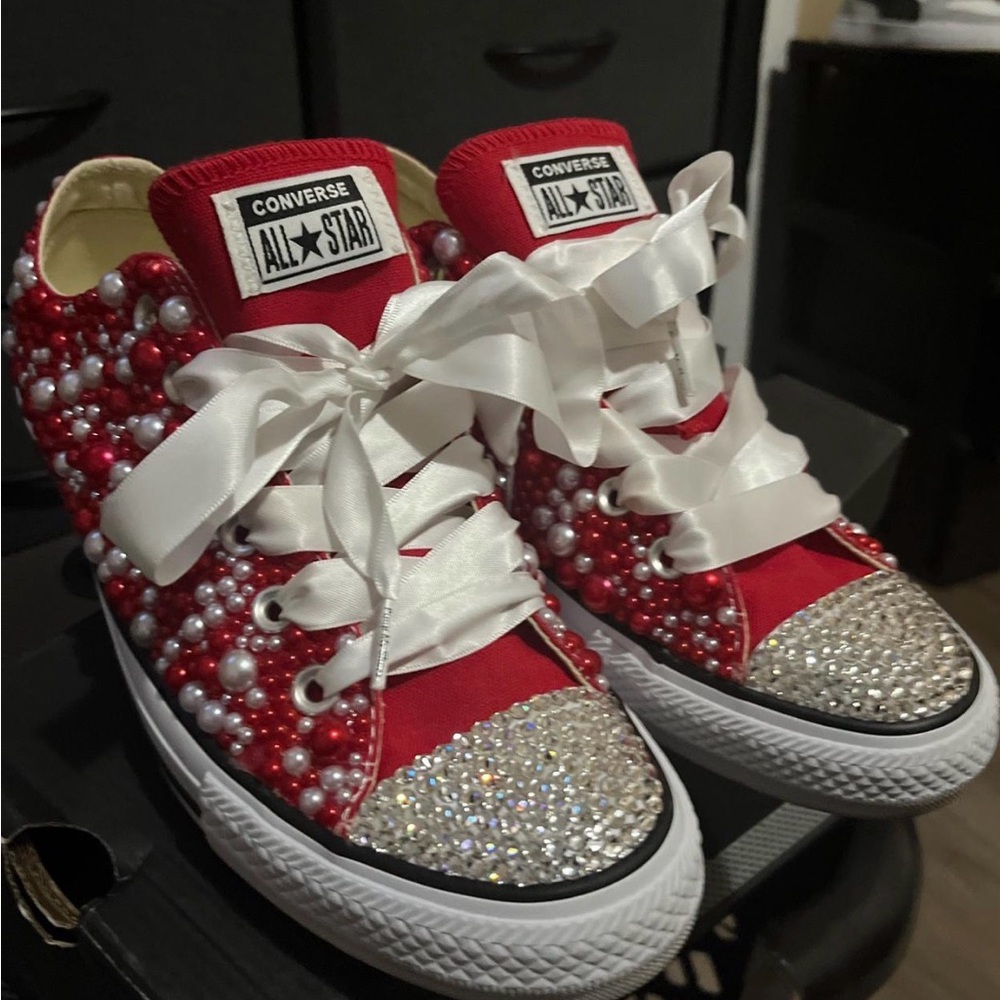 Converse Red and White Pearl & Rhinestones Embellished Sneakers. New women’s 10
